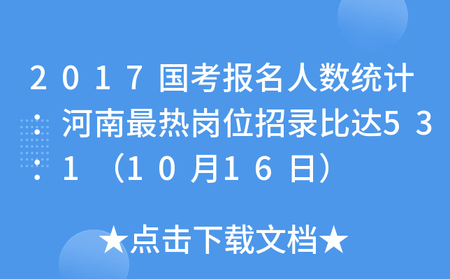 2017国考报名人数统计：河南最热岗位招录比达53：1（10月16日）