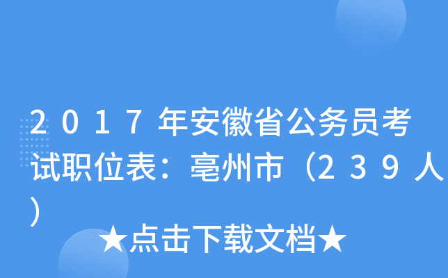 2017年安徽省公务员考试职位表：亳州市（239人）