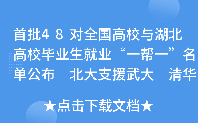 首批48对全国高校与湖北高校毕业生就业“一帮一”名单公布 北大支援武大 清华支援华科